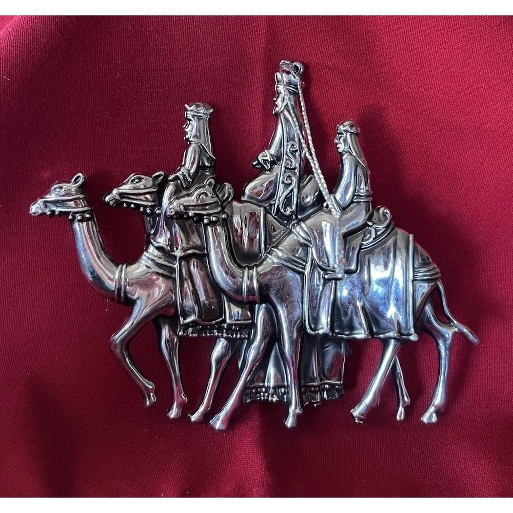 Vintage Silver-Tone Plastic Three Wise Men Camel Medieval Nativity Ornament 6.5